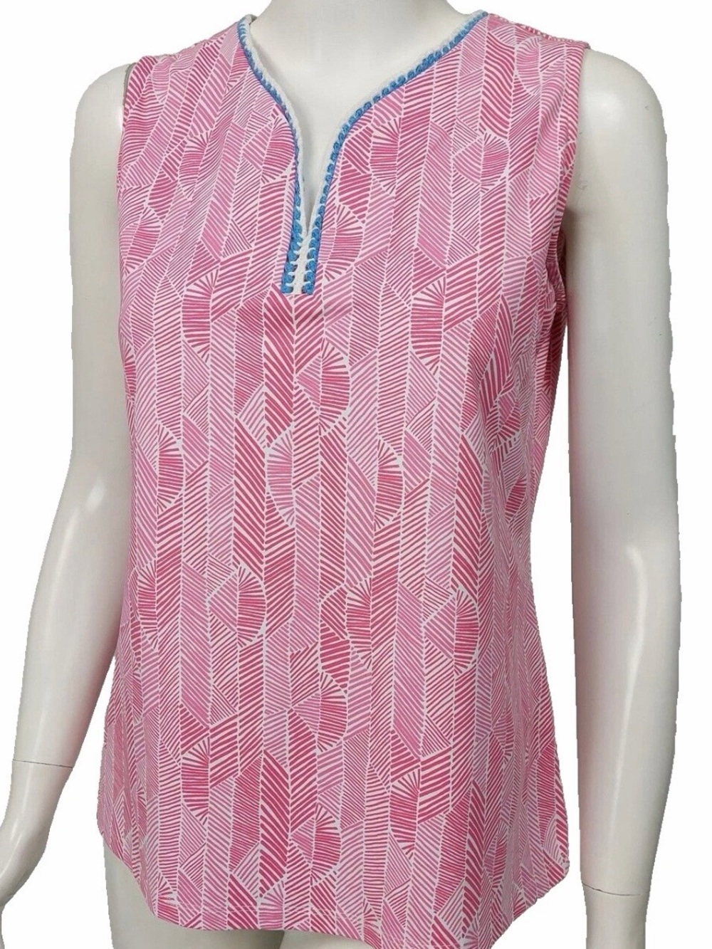 J McLAUGHLIN Pink White Print Stretch Nylon Blue White Crochet Trim Tank Sz L